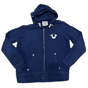 True Religion Mens Zip Up Hoodie Size 2XL Poseidon Blue Classic Buddha